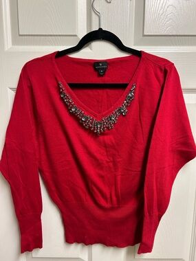 Worthington Bright Red V-Neck Sweater with Jewel Trim